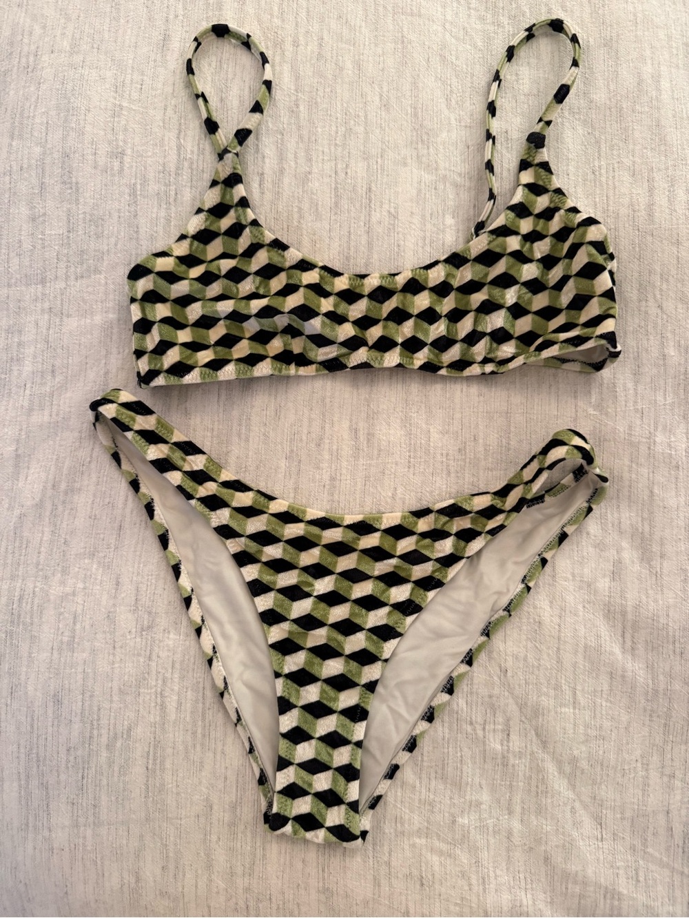 TRIANGL Geometric Print Bikini Set in Black and Olive